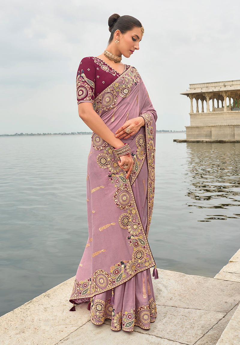 Monjolika Fashion Mauve Viscose Tissue Silk Saree With Embroidery & Cutwork Border - Distacart