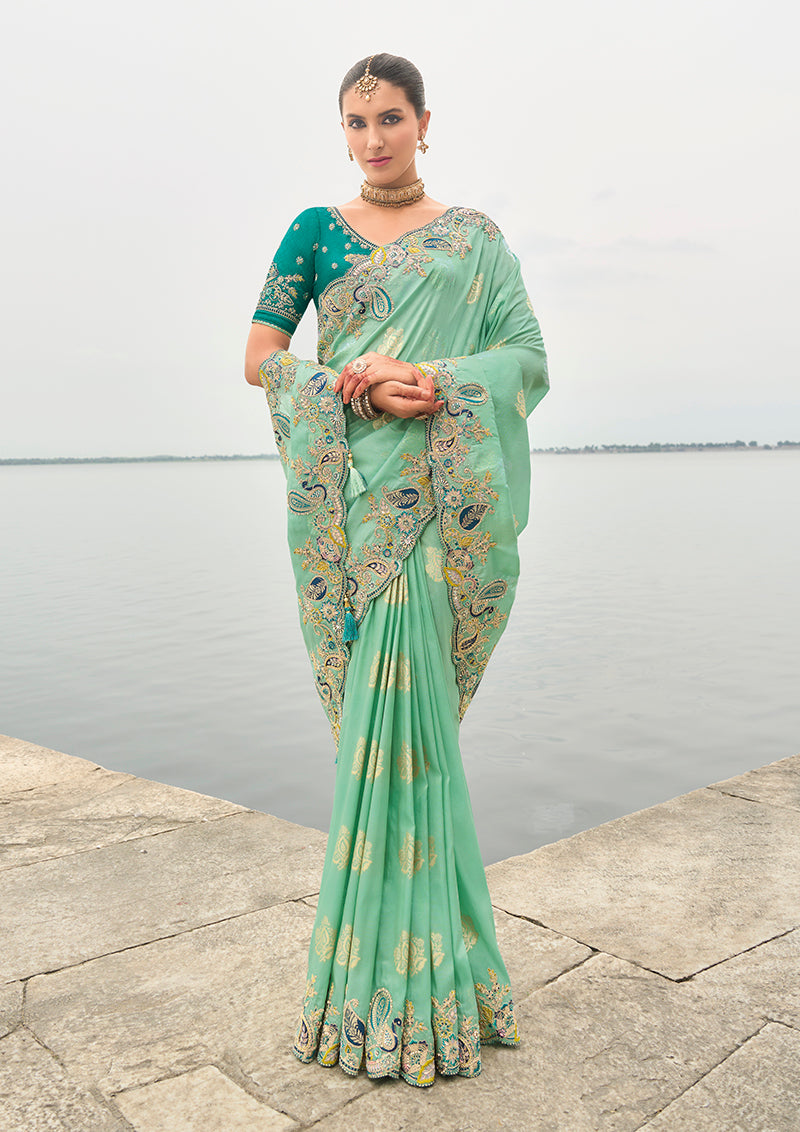Monjolika Fashion Turquoise Viscose Tissue Silk Saree With Embroidery & Cutwork Border