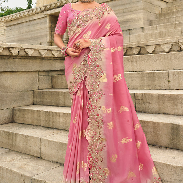 Monjolika Fashion Pink Viscose Tissue Silk Saree With Embroidery & Cutwork Border