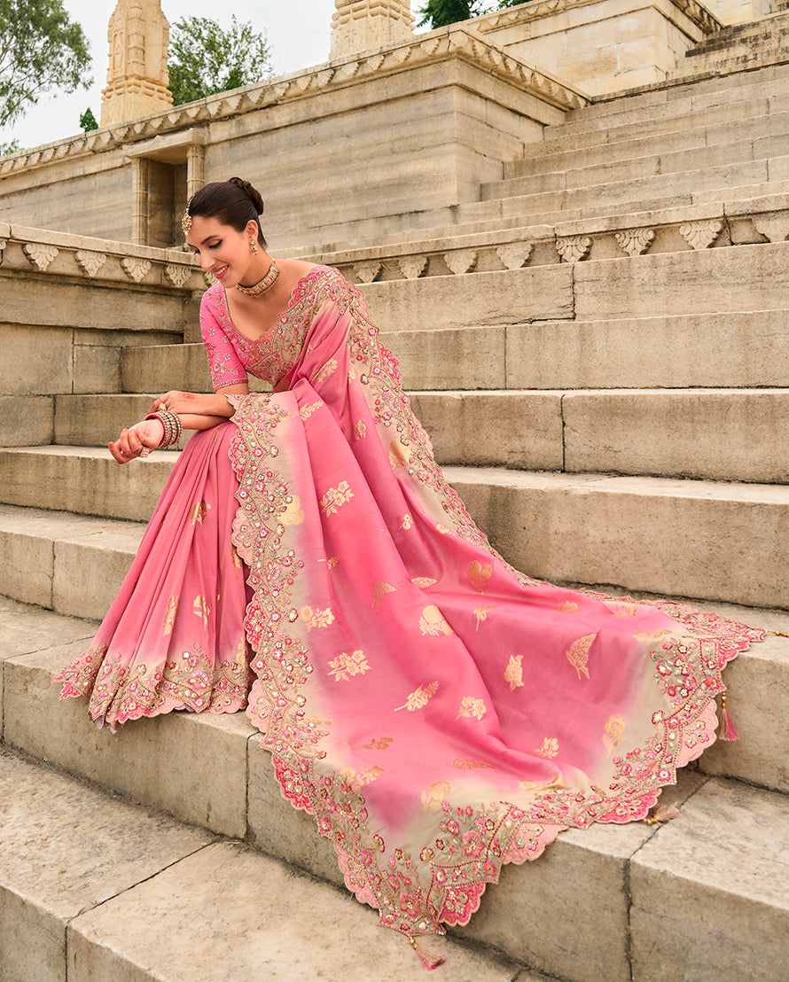Monjolika Fashion Pink Viscose Tissue Silk Saree With Embroidery & Cutwork Border