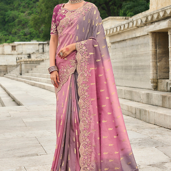 Monjolika Fashion Pink & Mauve Shaded Viscose Tissue Silk Saree With Embroidery & Cutwork Border