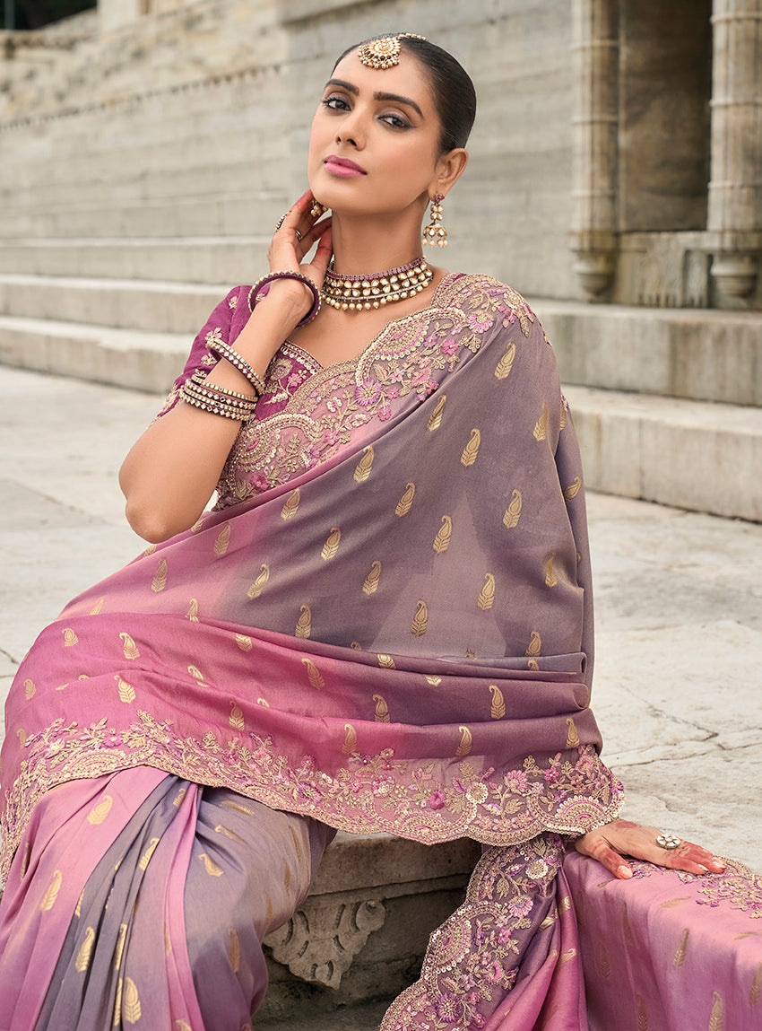 Monjolika Fashion Pink & Mauve Shaded Viscose Tissue Silk Saree With Embroidery & Cutwork Border