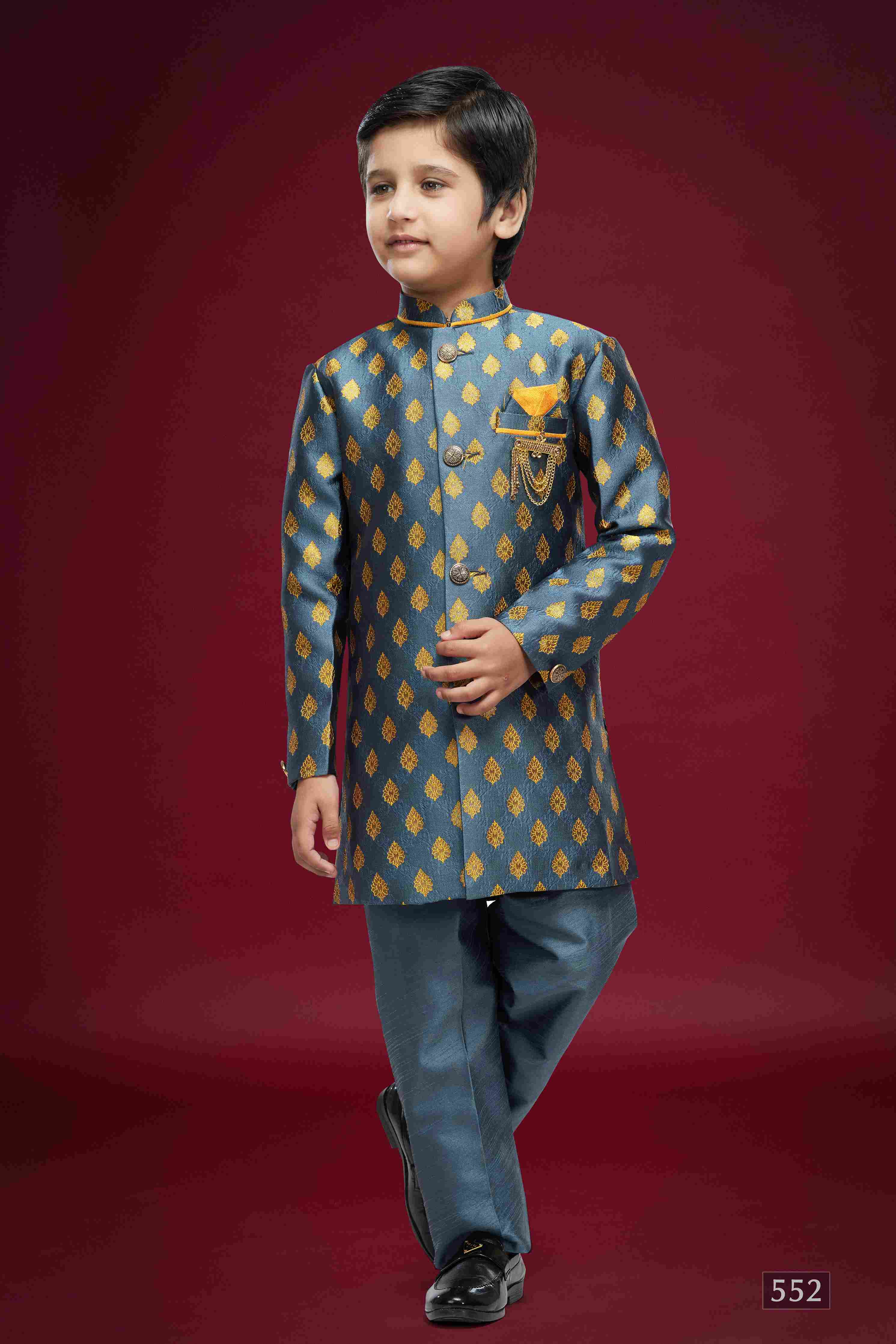 Raivat Ethnic Kids Banarasi Jacquard Woven Work Semi Indo Western Set Dark Grey Colour - Distacart