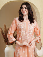 Thumbnail for ADA Ethnic Motifs Embroidered Lucknowi Chikankari Detailed Modal Cotton Straight Kurta - Distacart