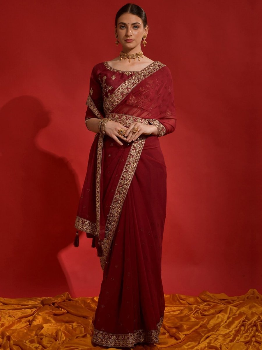 Anouk Maroon Embellished Sequinned Pure Georgette Saree - Distacart