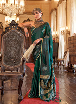 Thumbnail for Monjolika Fashion Luxurious Dark Emerald Green Satin Silk Saree With Intricate Weaving Design
