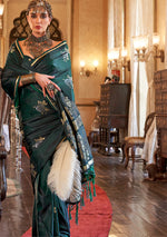 Thumbnail for Monjolika Fashion Luxurious Dark Emerald Green Satin Silk Saree With Intricate Weaving Design