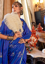 Thumbnail for Monjolika Fashion Luxurious Royal Blue Satin Silk Saree With Intricate Weaving Design