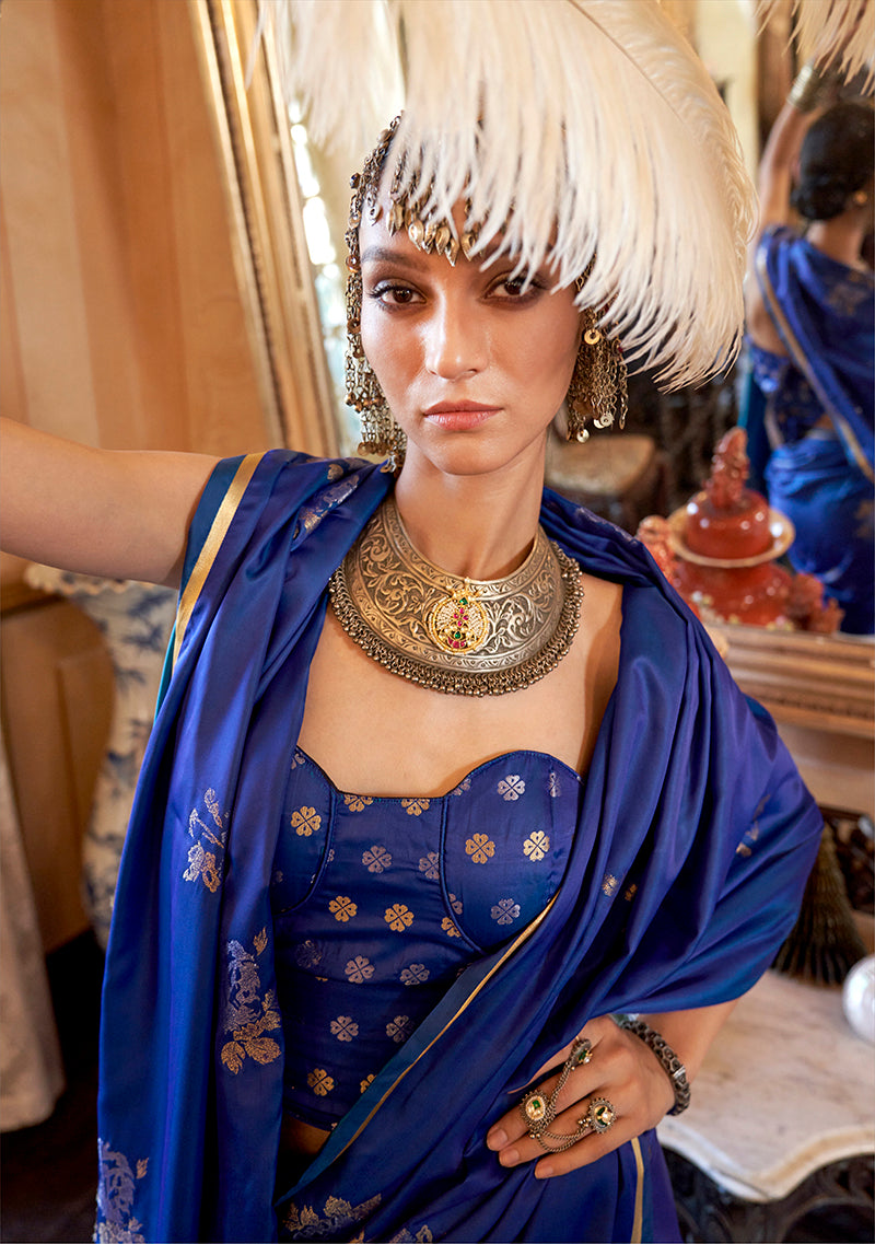 Monjolika Fashion Luxurious Royal Blue Satin Silk Saree With Intricate Weaving Design