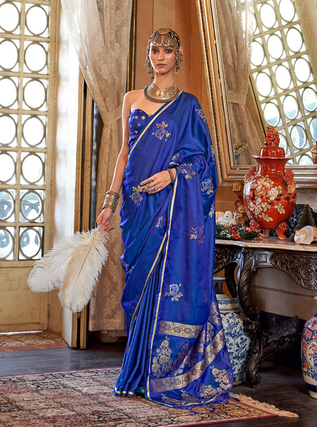 Monjolika Fashion Luxurious Royal Blue Satin Silk Saree With Intricate Weaving Design