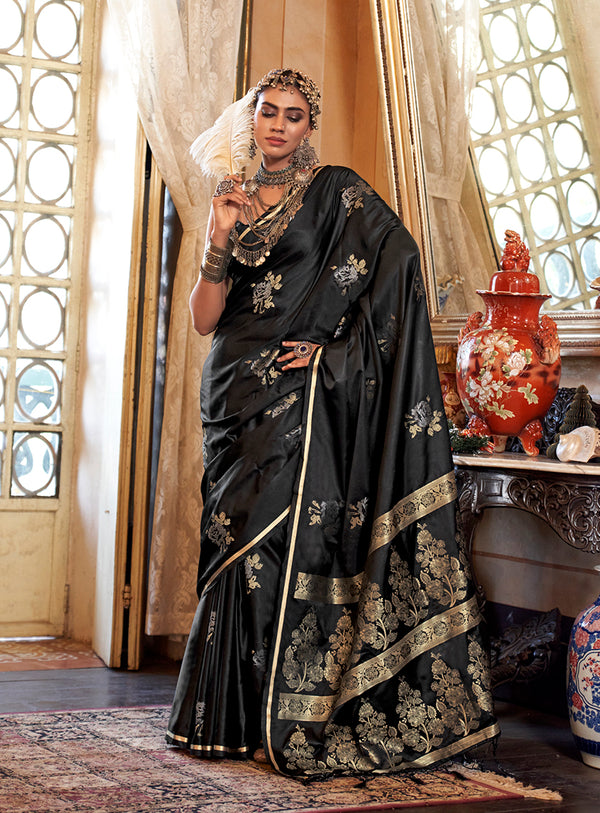 Monjolika Fashion Luxurious Black Satin Silk Saree With Intricate Weaving Design