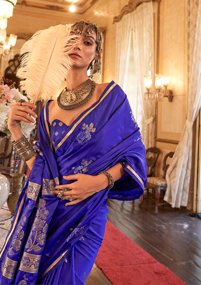 Monjolika Fashion Luxurious Indigo Satin Silk Saree With Intricate Weaving Design - Distacart