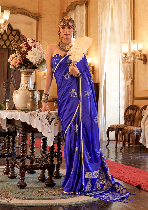 Monjolika Fashion Luxurious Indigo Satin Silk Saree With Intricate Weaving Design