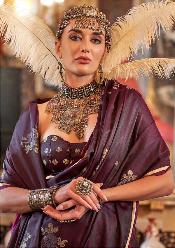 Monjolika Fashion Luxurious Wine Satin Silk Saree With Intricate Weaving Design