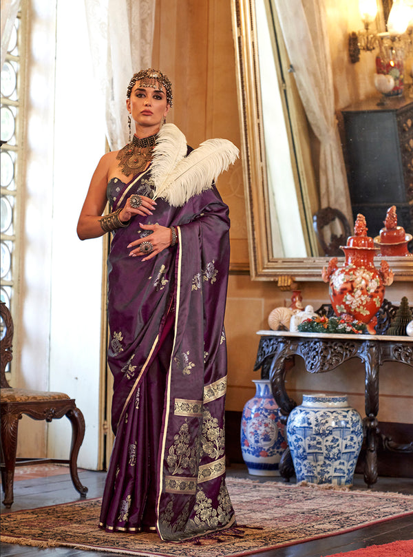 Monjolika Fashion Luxurious Wine Satin Silk Saree With Intricate Weaving Design