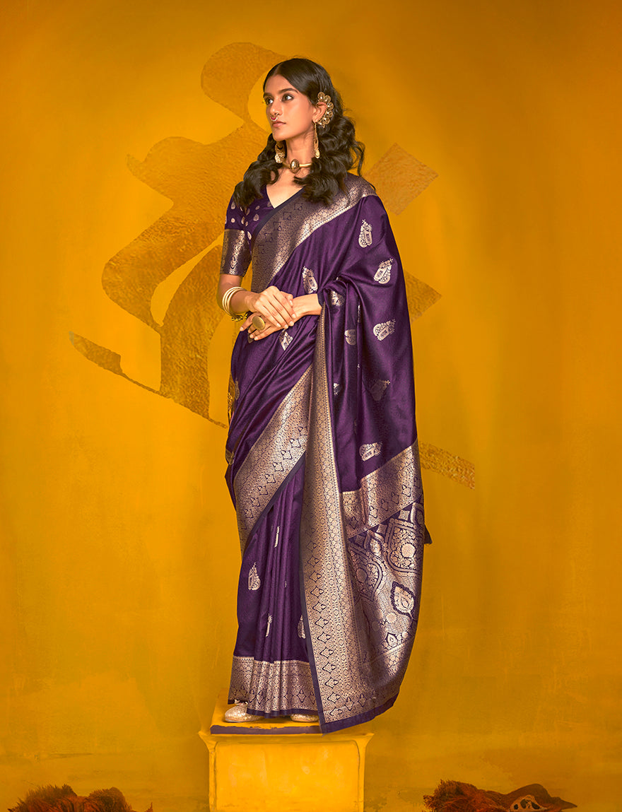 Monjolika Fashion Charming Dark Purple Color Silk Saree With Fine Zari Weave