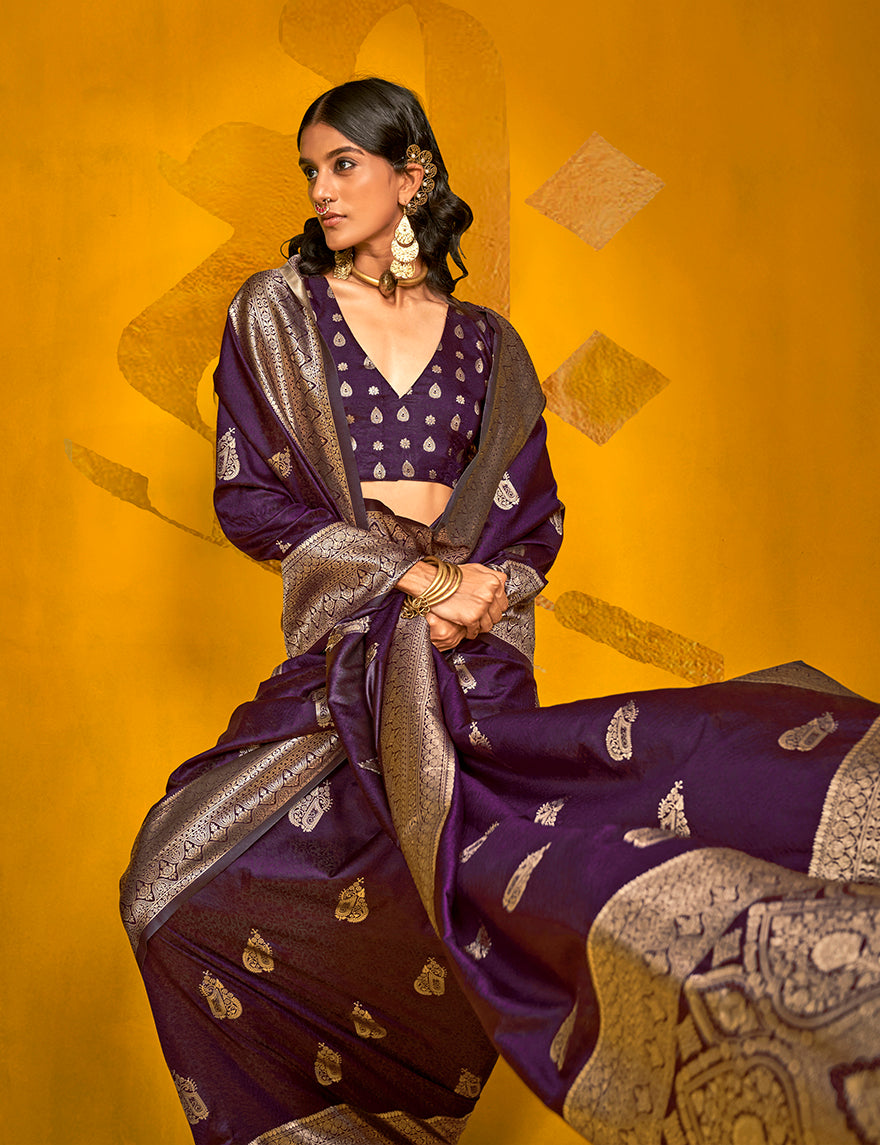 Monjolika Fashion Charming Dark Purple Color Silk Saree With Fine Zari Weave