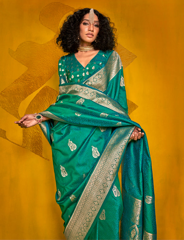 Monjolika Fashion Charming Turquoise Color Silk Saree With Fine Zari Weave