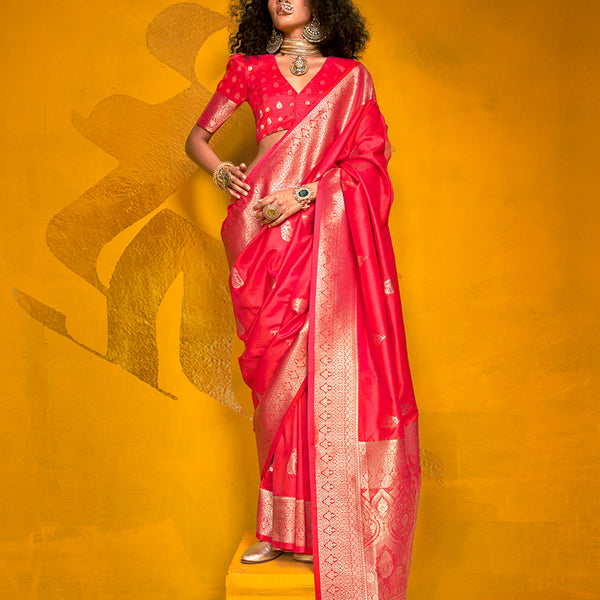 Monjolika Fashion Charming Bright Red Color Silk Saree With Fine Zari Weave - Distacart