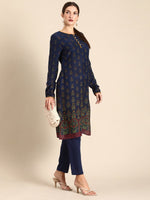 Thumbnail for All About You Women Navy Blue Floral Printed Regular Long Sleeves Kurta with Trousers - Distacart