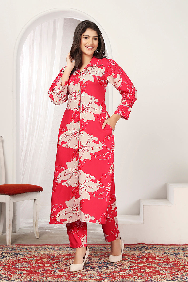 Monjolika Fashion Red Rayon Floral Printed Designer Kurti With Pant