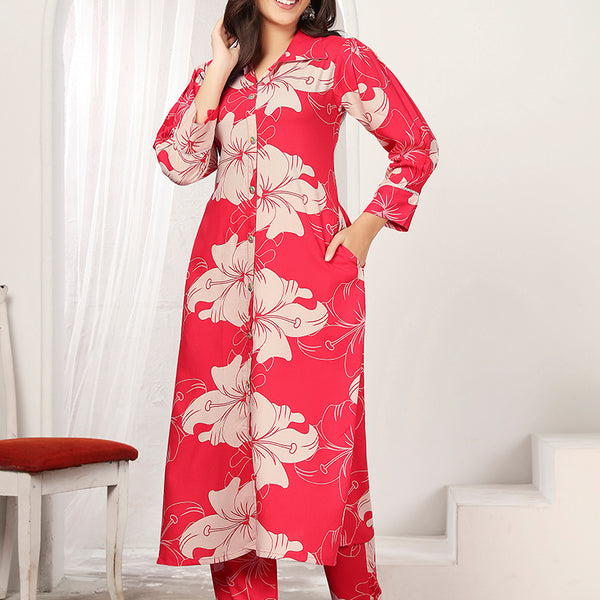 Monjolika Fashion Red Rayon Floral Printed Designer Kurti With Pant