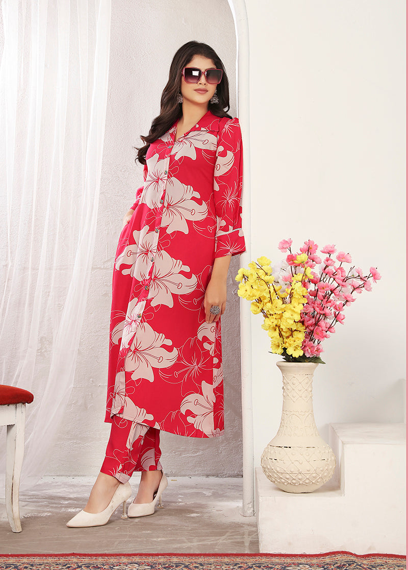 Monjolika Fashion Red Rayon Floral Printed Designer Kurti With Pant