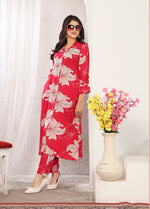Thumbnail for Monjolika Fashion Red Rayon Floral Printed Designer Kurti With Pant