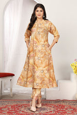 Thumbnail for Monjolika Fashion Beige Chanderi Floral Printed Designer Kurti With Pant