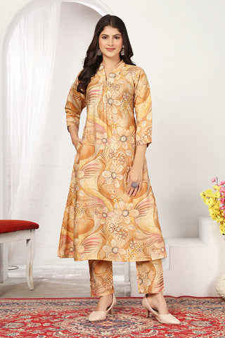 Monjolika Fashion Beige Chanderi Floral Printed Designer Kurti With Pant