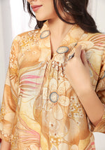 Thumbnail for Monjolika Fashion Beige Chanderi Floral Printed Designer Kurti With Pant