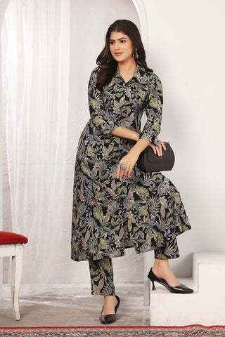 Monjolika Fashion Black Chanderi Floral Printed Designer Kurti With Pant