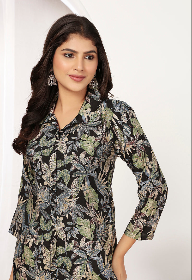 Monjolika Fashion Black Chanderi Floral Printed Designer Kurti With Pant