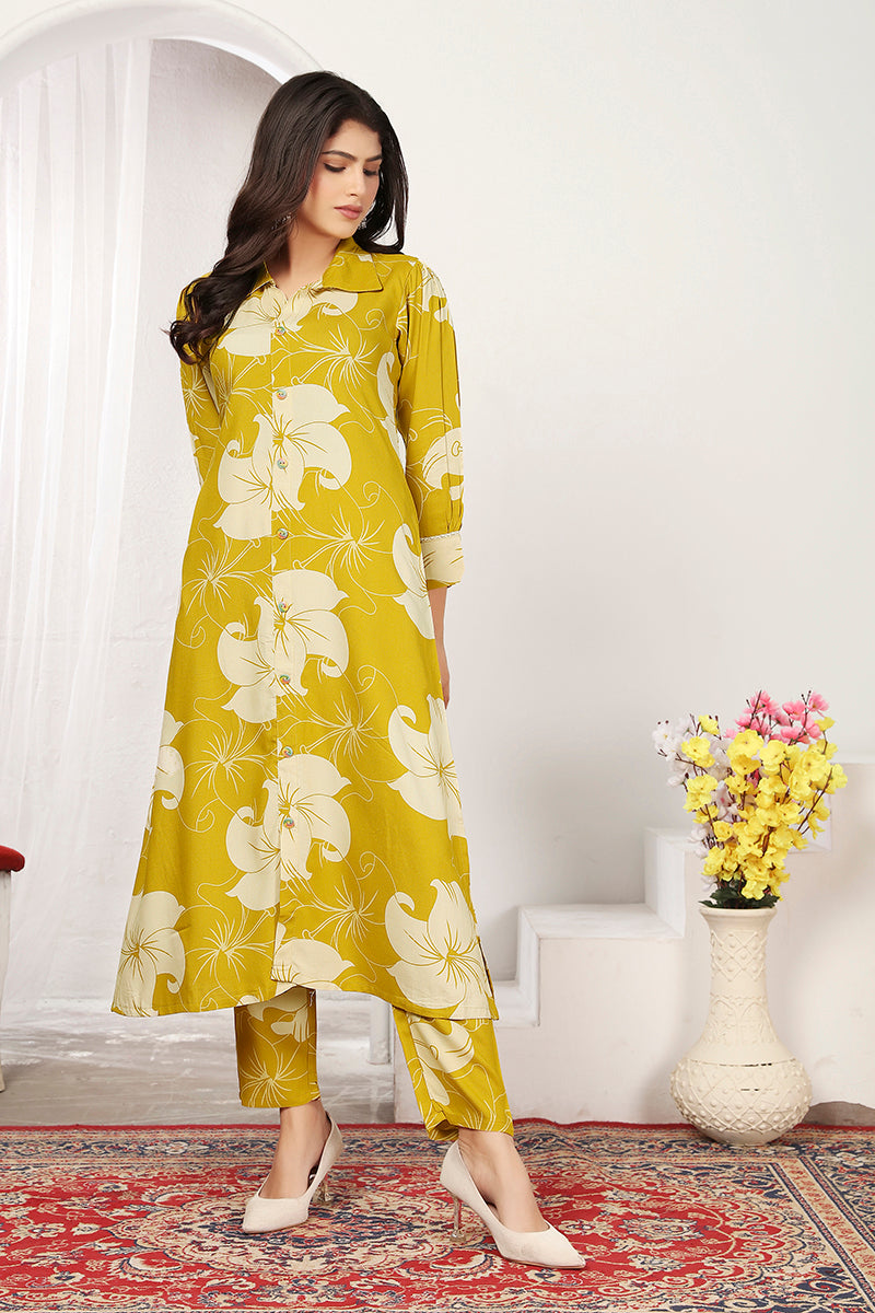 Monjolika Fashion Yellow Rayon Floral Printed Designer Kurti With Pant