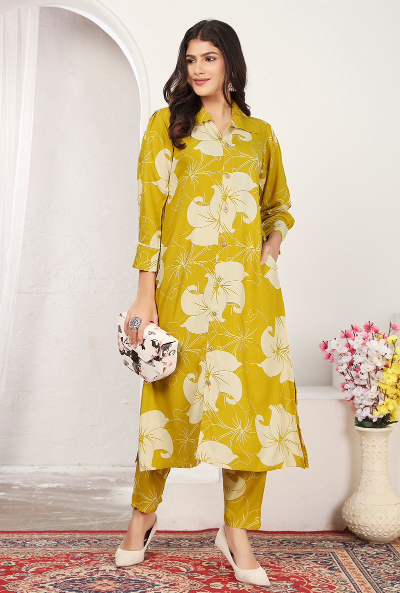 Monjolika Fashion Yellow Rayon Floral Printed Designer Kurti With Pant