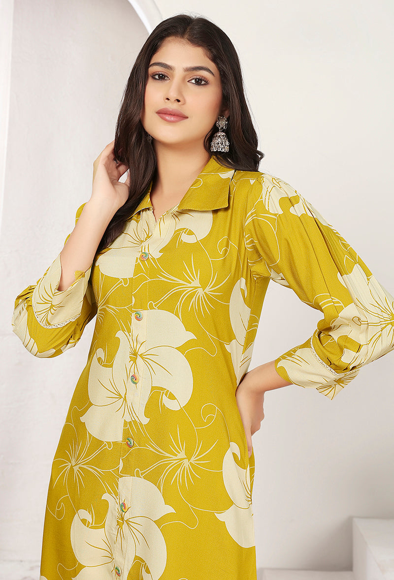 Monjolika Fashion Yellow Rayon Floral Printed Designer Kurti With Pant