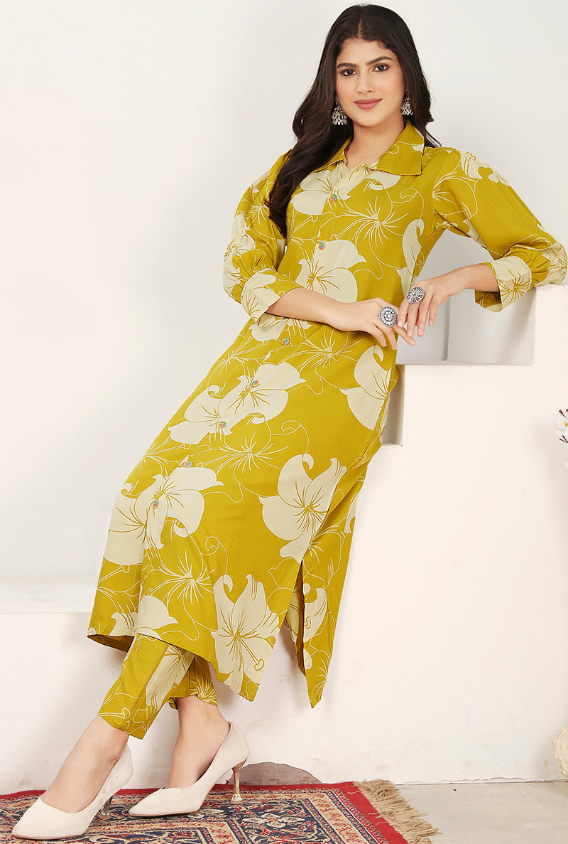 Monjolika Fashion Yellow Rayon Floral Printed Designer Kurti With Pant