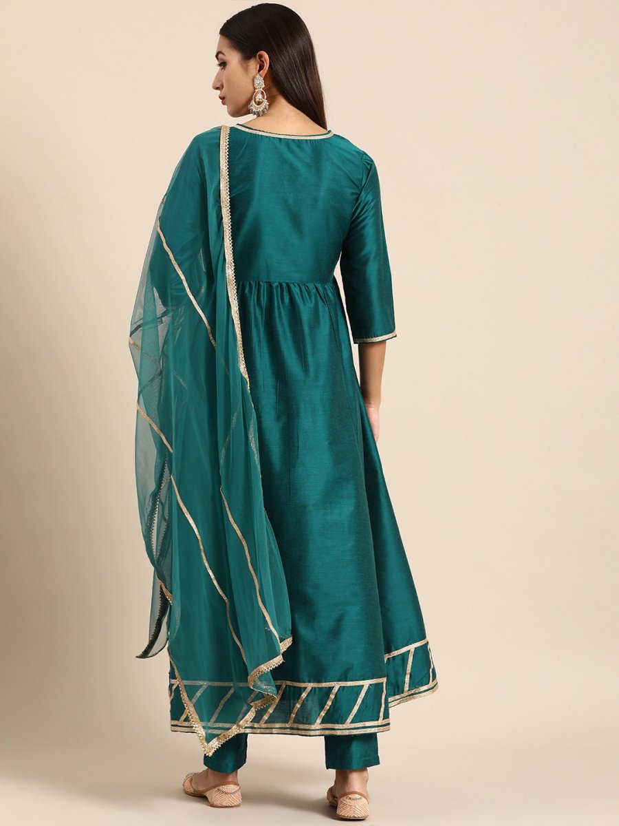 All About You Women Teal Green Solid V-Neck Anarkali Kurta with Trousers & Dupatta - Distacart