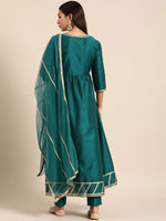 Thumbnail for All About You Women Teal Green Solid V-Neck Anarkali Kurta with Trousers & Dupatta - Distacart