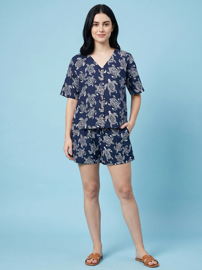 Breathables Woven Cotton Half Sleeves Turtle Shorts Set Blue - Dista