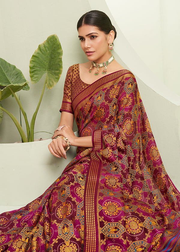 Monjolika Fashion Purple Ceremonial Paisley Printed Georgette Designer Saree