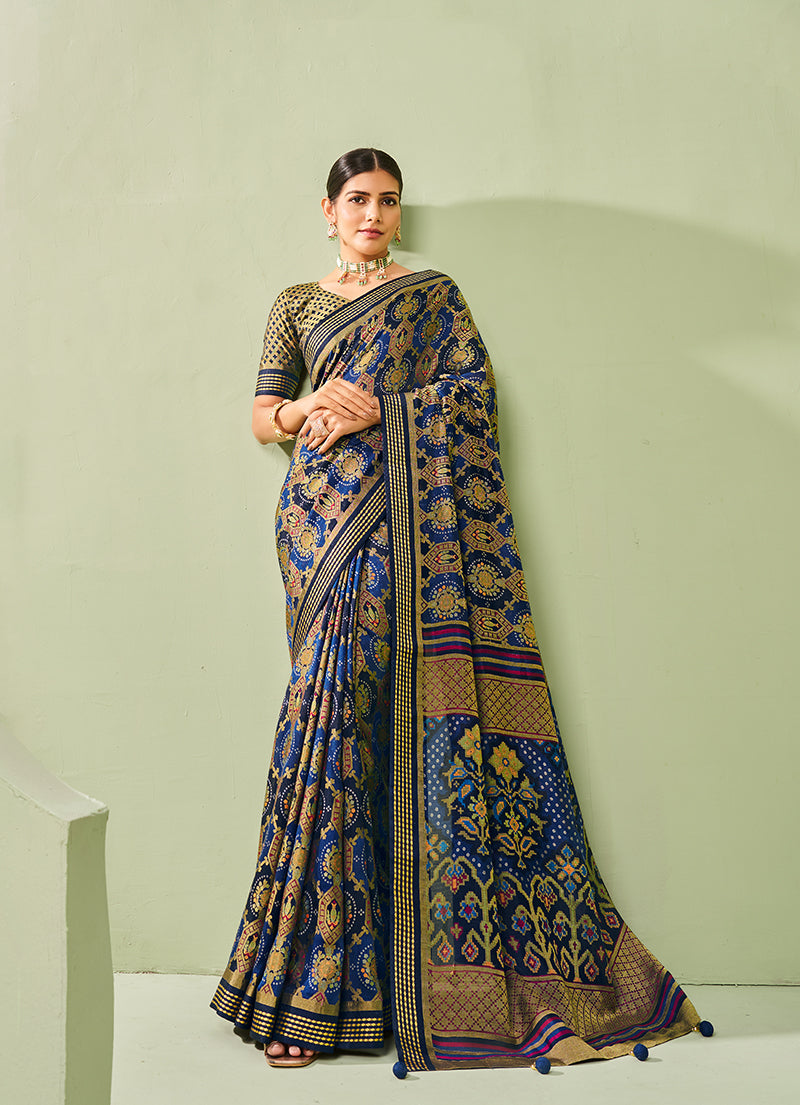 Monjolika Fashion Navy Blue Ceremonial Paisley Printed Georgette Designer Saree