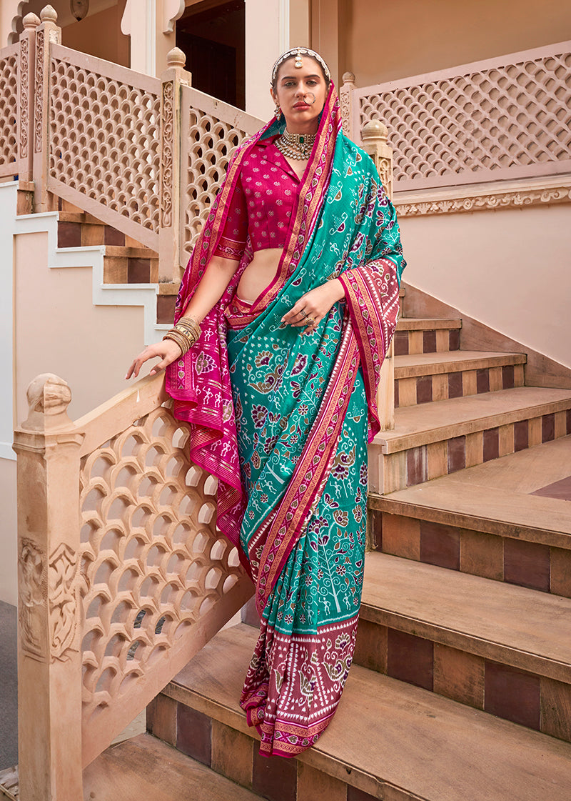 Monjolika Fashion Printed Silk Turquoise Classic Saree