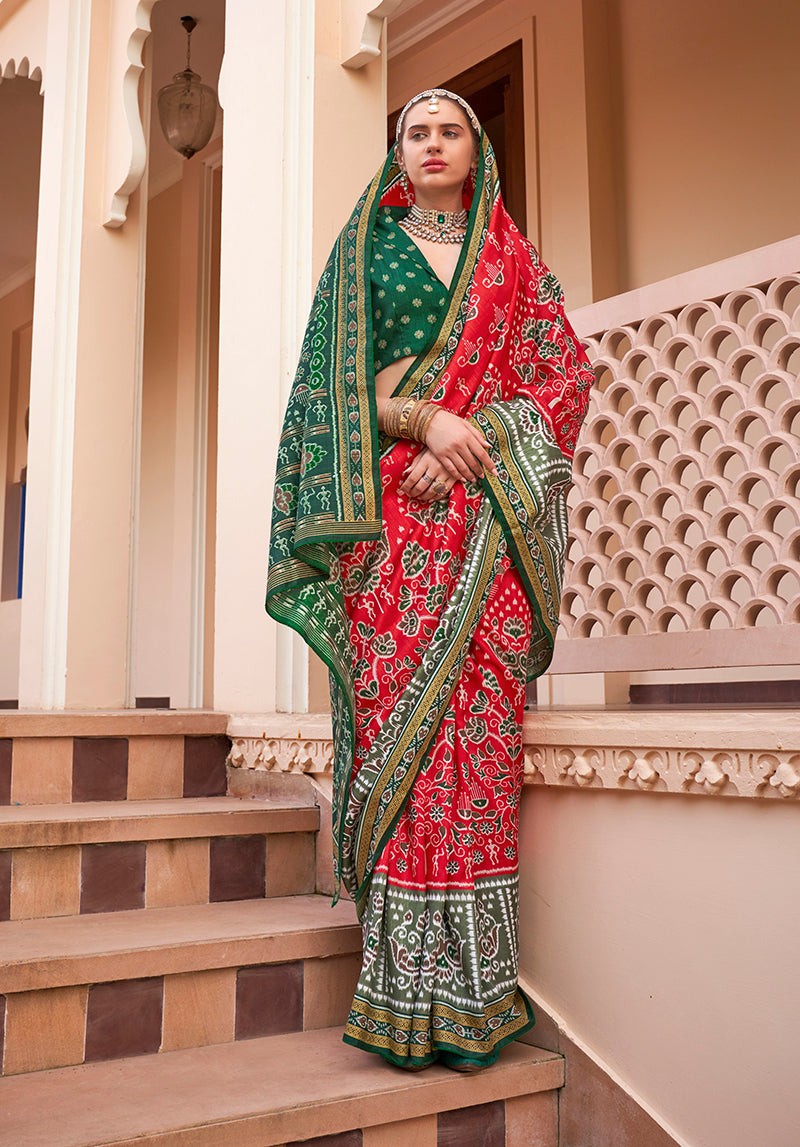 Monjolika Fashion Printed Silk Red Classic Saree
