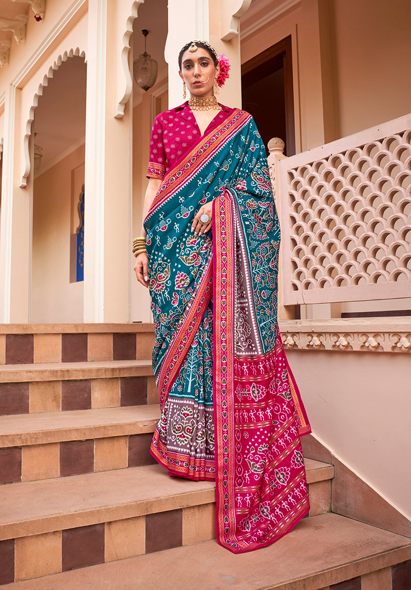 Monjolika Fashion Printed Silk Teal Blue Classic Saree