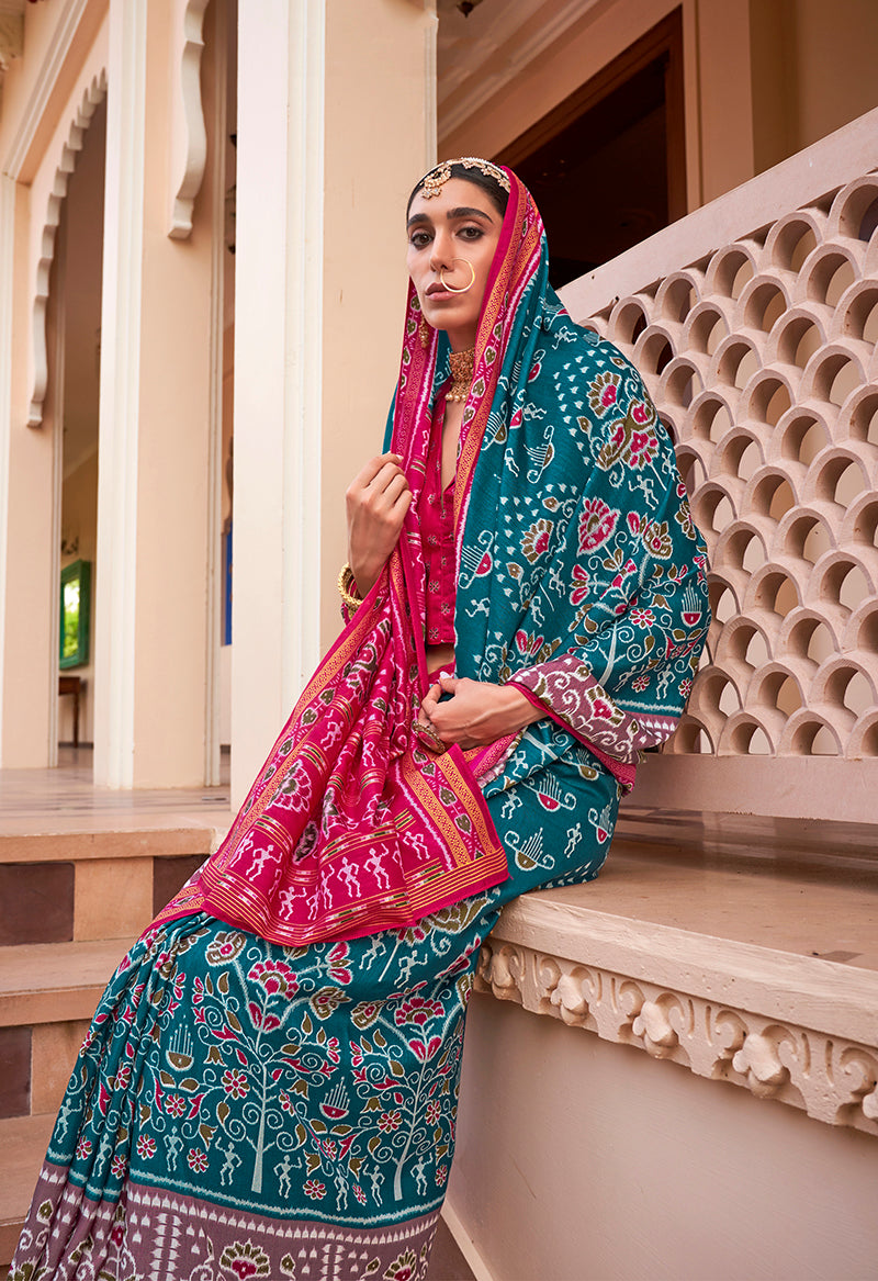 Monjolika Fashion Printed Silk Teal Blue Classic Saree - Distacart