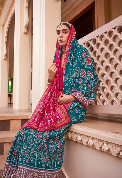 Monjolika Fashion Printed Silk Teal Blue Classic Saree - Distacart