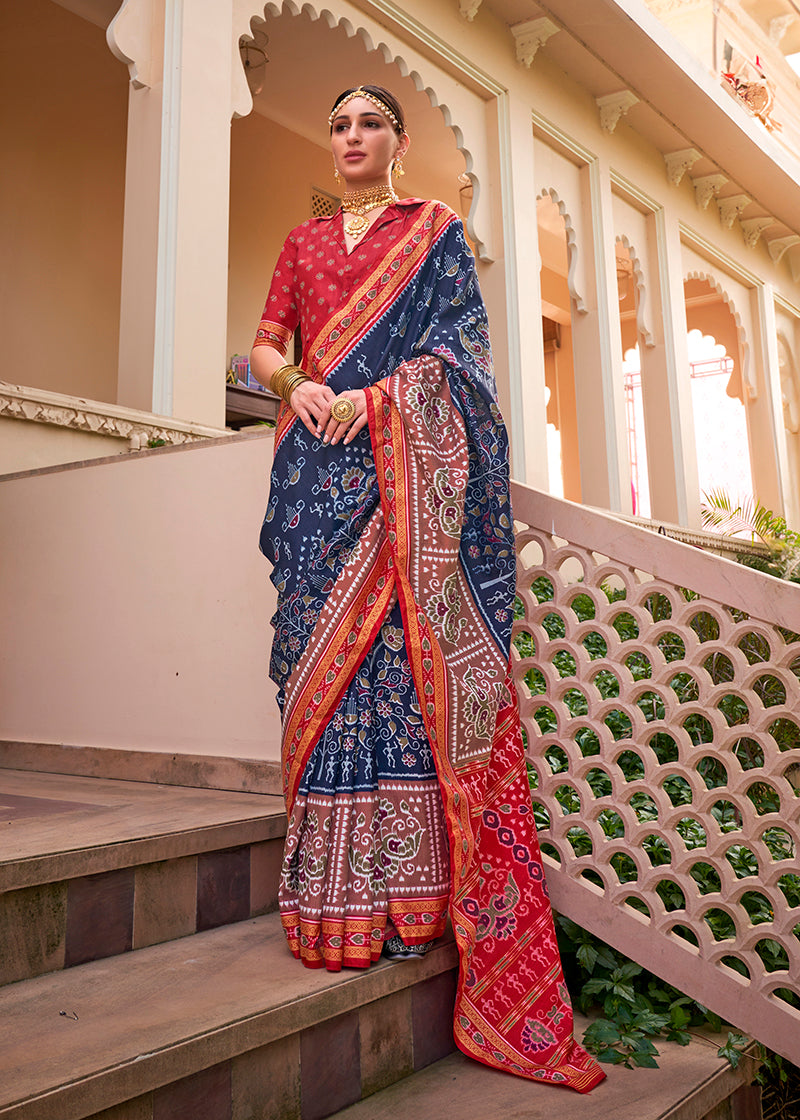 Monjolika Fashion Printed Silk Navy Blue Classic Saree