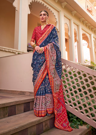 Monjolika Fashion Printed Silk Navy Blue Classic Saree
