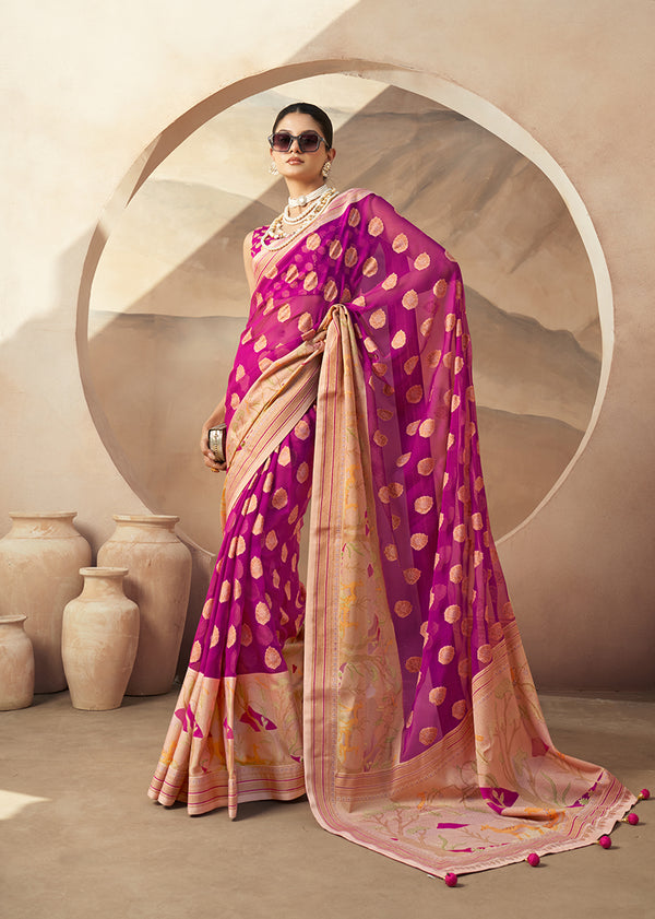 Monjolika Fashion Magenta and Rani Georgette Weaving Zari Printed Classic Saree